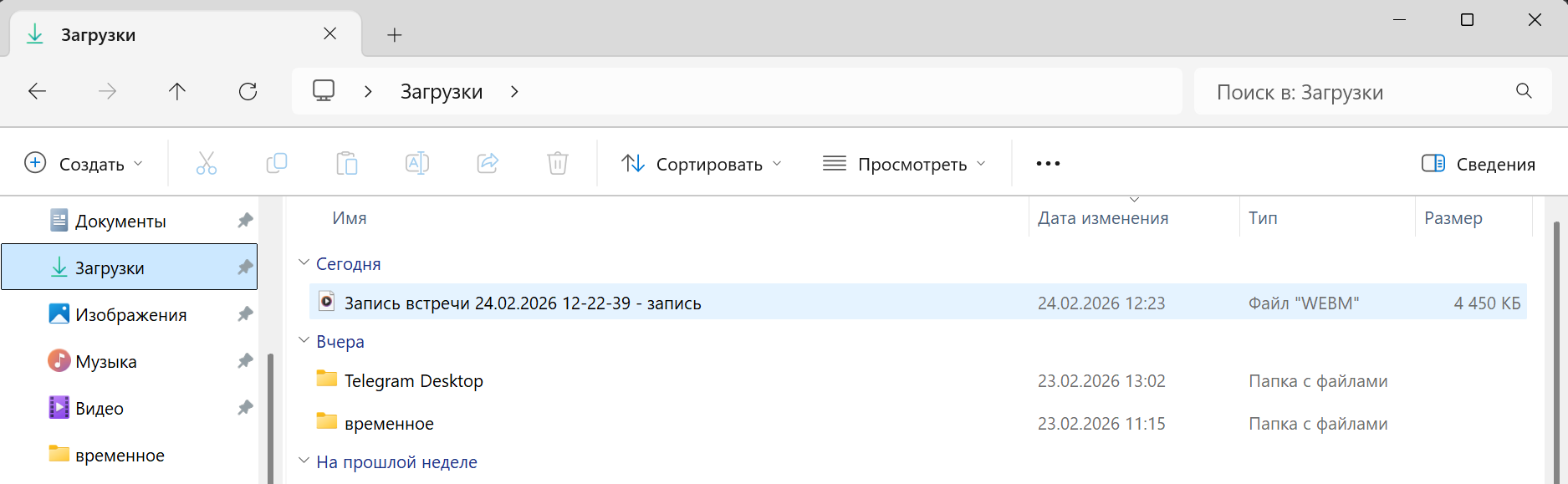 Запись встречи Яндекс Телемост в формате .webm в папке «Загрузки» браузера