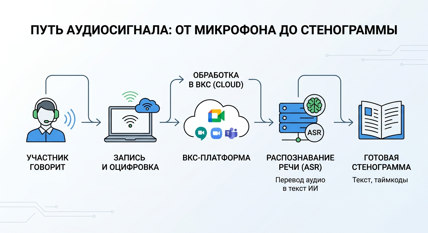 Схема: от видеоконференции к стенограмме – как аудиосигнал превращается в текст