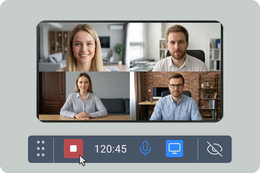 Запись ВКС через приложение CogniRec — панель управления с таймером и кнопкой остановки